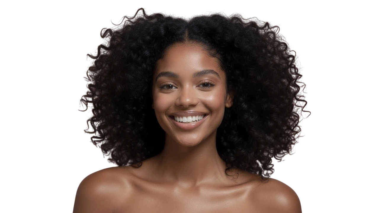 Femme épanouie aux cheveux bouclés volumineux, sublimés par sa routine capillaire