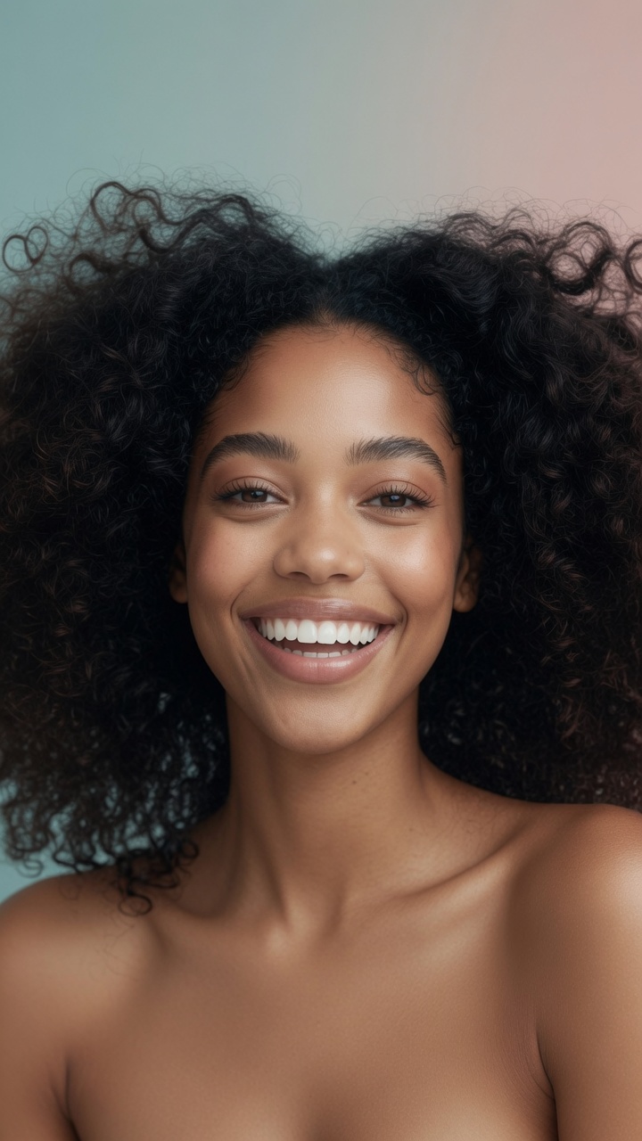 Femme souriante aux boucles naturelles définies, cheveux texturés en pleine santé